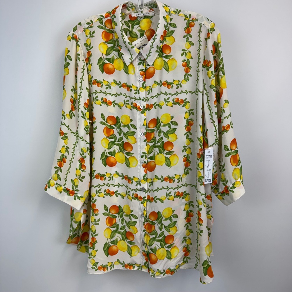 Rose‎ + Olive Citrus Lemon Orange Print Button Down Blouse 1X NWT Italy Summer